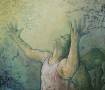 Gemälde in Mischtechnik eines Mannes der die Arme erhebt vor grünem Hintergrund,  Illustration des Liedes alles neu von Peter Fox